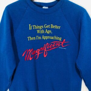 Vintage 1991 Rivertown Trading Co Blue Magnificent Sweatshirt Mens Medium USA